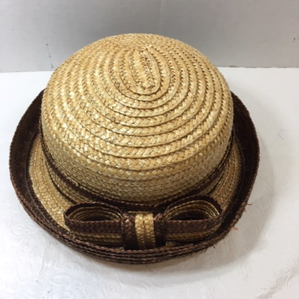 Vintage Natural Straw Woven Straw Bow Brown Golden Brown Hat Curled Up Brim
